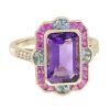 Art Deco Style Emerald Cut Amethyst Statement Ring with Pink Sapphire Aquamarine and Diamond in Solid Gold Angled View Art Deco Style Emerald Cut Amethyst Statement Ring with Pink Sapphire Aquamarine and Diamond in Solid Gold by Lilly M. JEWELERS Angled View