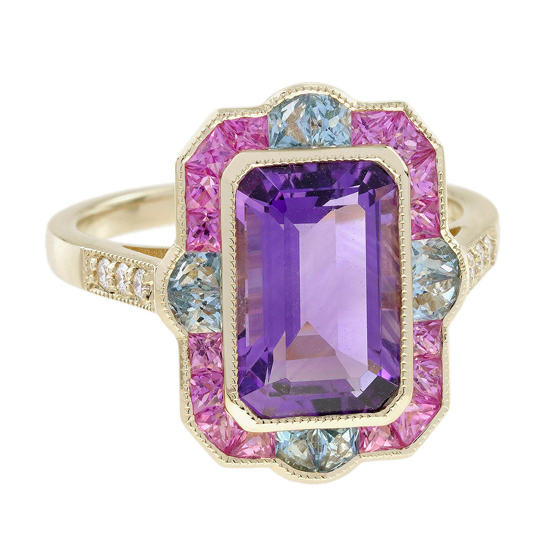 Art Deco Style Emerald Cut Amethyst Statement Ring with Pink Sapphire Aquamarine and Diamond in Solid Gold Angled View Art Deco Style Emerald Cut Amethyst Statement Ring with Pink Sapphire Aquamarine and Diamond in Solid Gold by Lilly M. JEWELERS Angled View