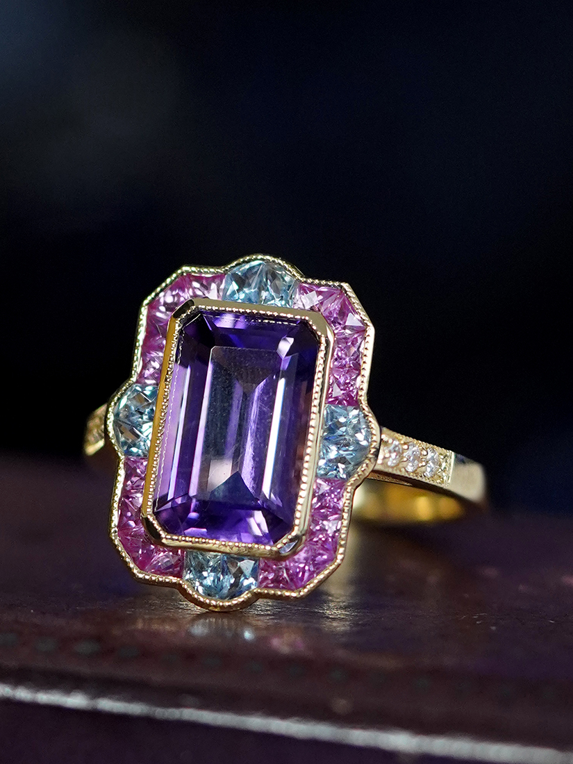 Art Deco Style Emerald Cut Amethyst Statement Ring with Pink Sapphire Aquamarine and Diamond in Solid Gold Beauty Angled Art Deco Style Emerald Cut Amethyst Statement Ring with Pink Sapphire Aquamarine and Diamond in Solid Gold by Lilly M. JEWELERS Beauty Angled