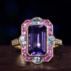 Art Deco Style Emerald Cut Amethyst Statement Ring with Pink Sapphire Aquamarine and Diamond in Solid Gold Beauty Front Art Deco Style Emerald Cut Amethyst Statement Ring with Pink Sapphire Aquamarine and Diamond in Solid Gold by Lilly M. JEWELERS Beauty Front