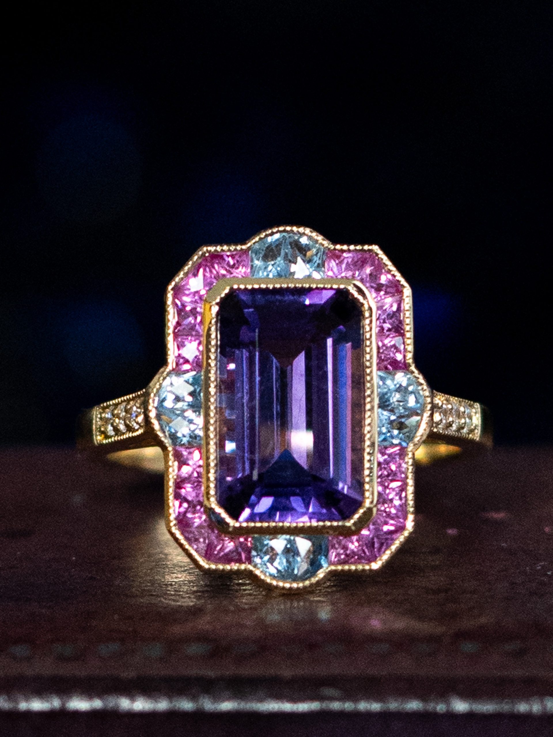 Art Deco Style Emerald Cut Amethyst Statement Ring with Pink Sapphire Aquamarine and Diamond in Solid Gold Beauty Front Art Deco Style Emerald Cut Amethyst Statement Ring with Pink Sapphire Aquamarine and Diamond in Solid Gold by Lilly M. JEWELERS Beauty Front
