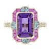 Art Deco Style Emerald Cut Amethyst Statement Ring with Pink Sapphire Aquamarine and Diamond in Solid Gold by Lilly M. JEWELERS