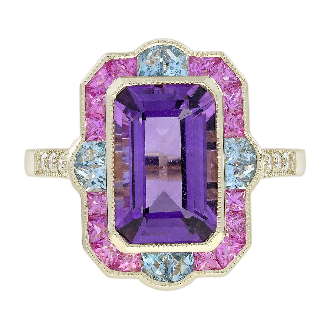 Art Deco Style Emerald Cut Amethyst Statement Ring with Pink Sapphire Aquamarine and Diamond in Solid Gold Front Art Deco Style Emerald Cut Amethyst Statement Ring with Pink Sapphire Aquamarine and Diamond in Solid Gold by Lilly M. JEWELERS