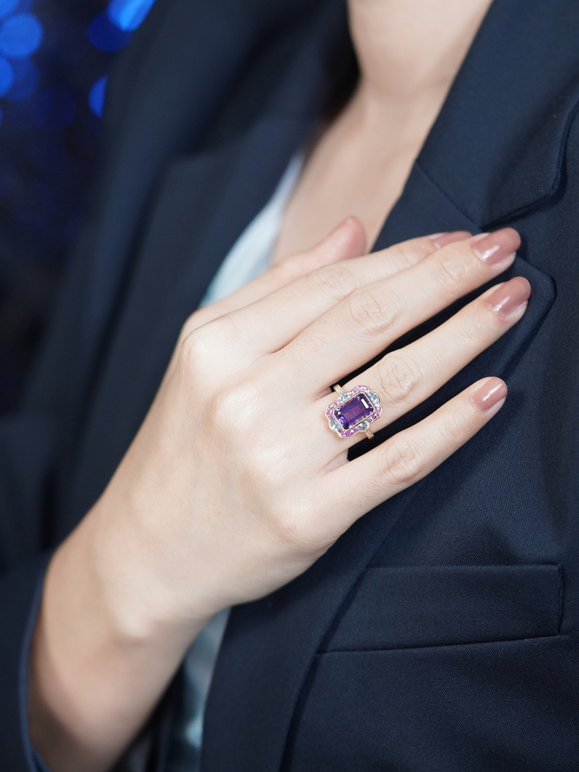Art Deco Style Emerald Cut Amethyst Statement Ring with Pink Sapphire Aquamarine and Diamond in Solid Gold on Body Front Distant Art Deco Style Emerald Cut Amethyst Statement Ring with Pink Sapphire Aquamarine and Diamond in Solid Gold by Lilly M. JEWELERS on Body Front Distant