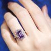 Art Deco Style Emerald Cut Amethyst Statement Ring with Pink Sapphire Aquamarine and Diamond in Solid Gold on Body Front Near Art Deco Style Emerald Cut Amethyst Statement Ring with Pink Sapphire Aquamarine and Diamond in Solid Gold by Lilly M. JEWELERS on Body Front Near