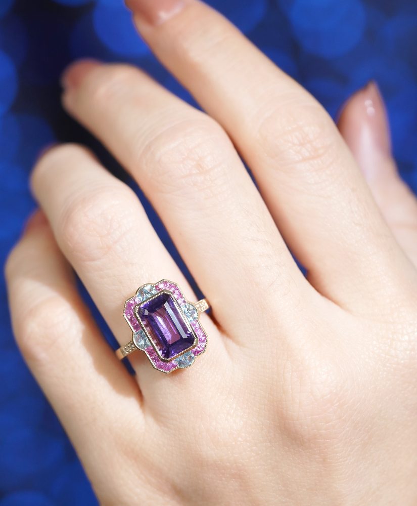 Art Deco Style Emerald Cut Amethyst Statement Ring with Pink Sapphire Aquamarine and Diamond in Solid Gold by Lilly M. JEWELERS on Body Front Near