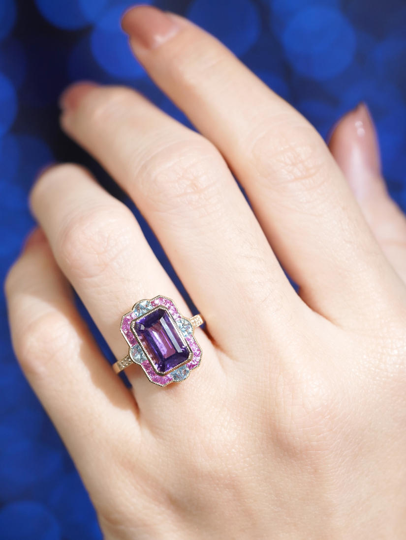 Art Deco Style Emerald Cut Amethyst Statement Ring with Pink Sapphire Aquamarine and Diamond in Solid Gold on Body Front Near Art Deco Style Emerald Cut Amethyst Statement Ring with Pink Sapphire Aquamarine and Diamond in Solid Gold by Lilly M. JEWELERS on Body Front Near