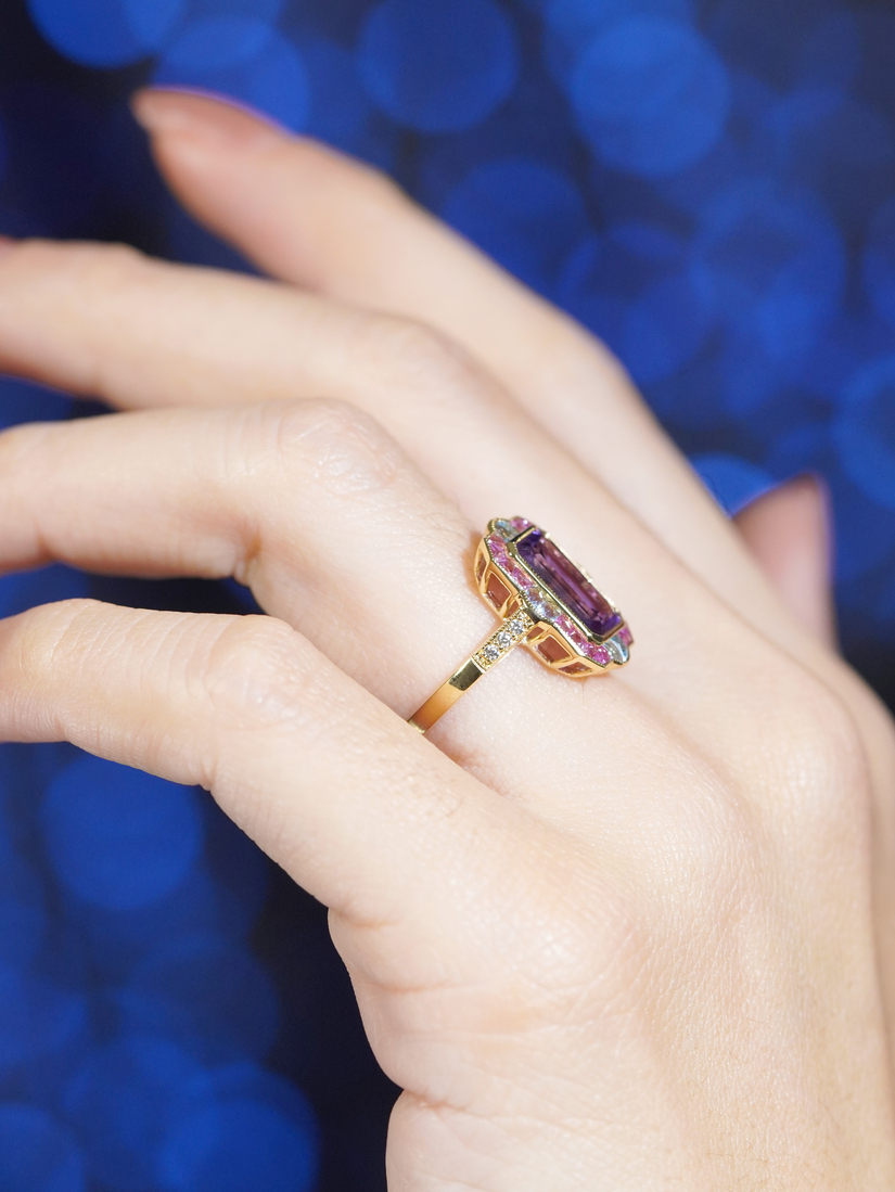 Art Deco Style Emerald Cut Amethyst Statement Ring with Pink Sapphire Aquamarine and Diamond in Solid Gold on Body Side Near Art Deco Style Emerald Cut Amethyst Statement Ring with Pink Sapphire Aquamarine and Diamond in Solid Gold by Lilly M. JEWELERS on Body Side Near