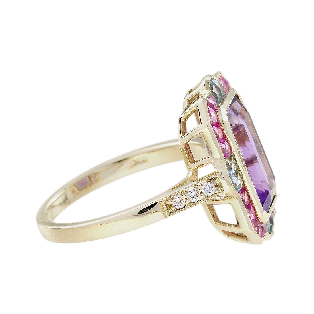 Art Deco Style Emerald Cut Amethyst Statement Ring with Pink Sapphire Aquamarine and Diamond in Solid Gold Side Art Deco Style Emerald Cut Amethyst Statement Ring with Pink Sapphire Aquamarine and Diamond in Solid Gold by Lilly M. JEWELERS Side