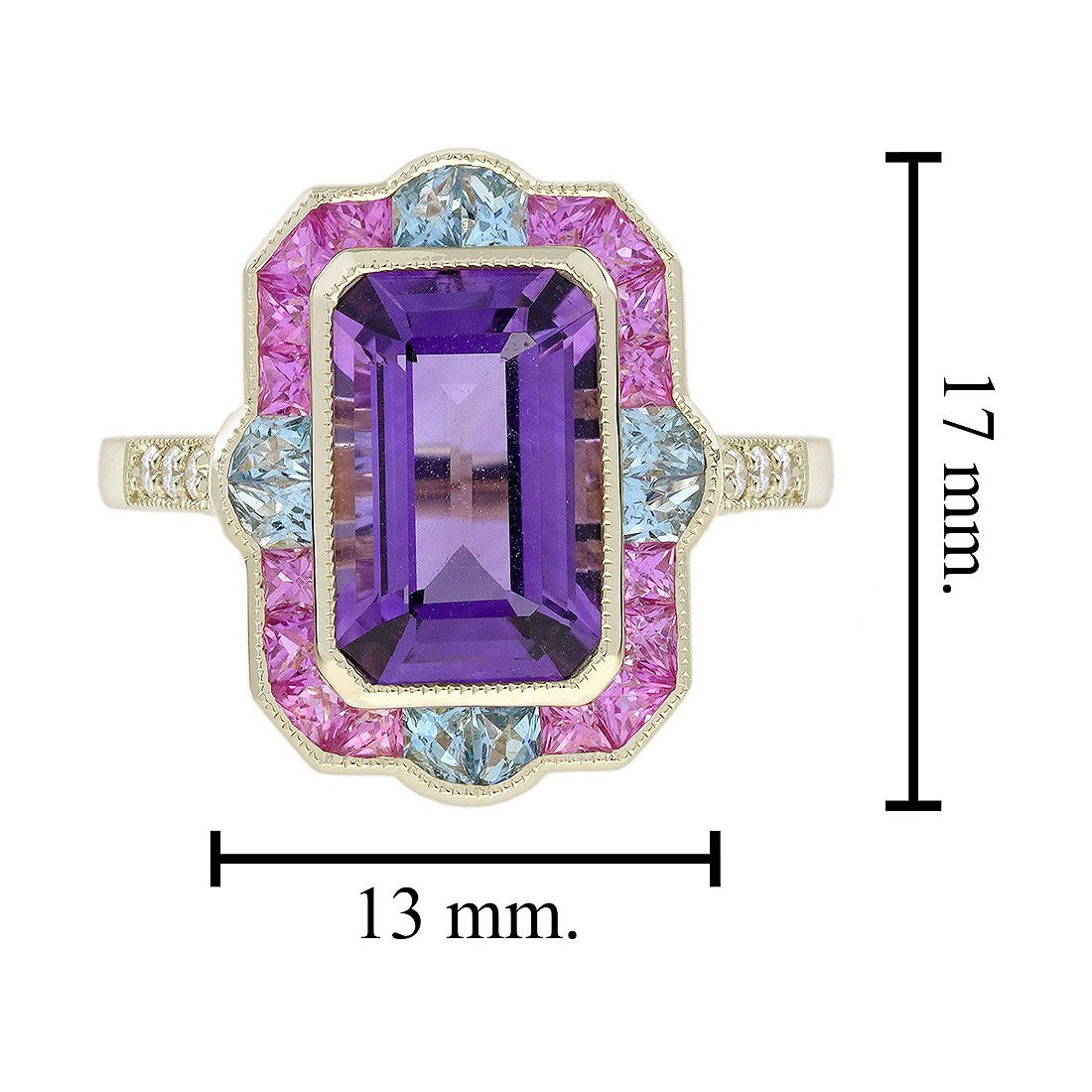 Art Deco Style Emerald Cut Amethyst Statement Ring with Pink Sapphire Aquamarine and Diamond in Solid Gold Size Art Deco Style Emerald Cut Amethyst Statement Ring with Pink Sapphire Aquamarine and Diamond in Solid Gold by Lilly M. JEWELERS Size