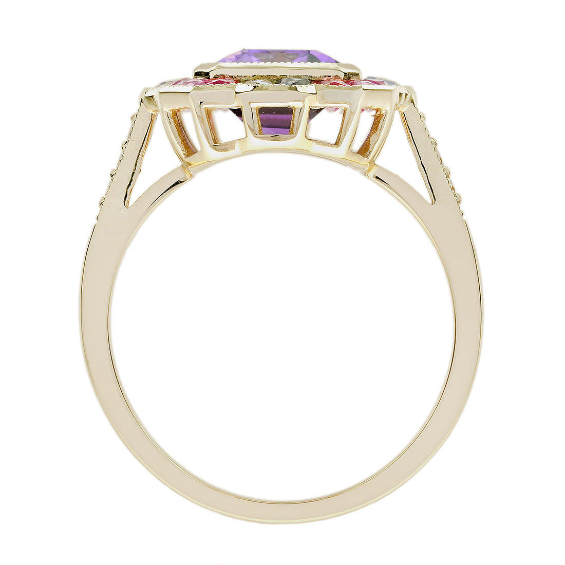 Art Deco Style Emerald Cut Amethyst Statement Ring with Pink Sapphire Aquamarine and Diamond in Solid Gold Under Gallery Art Deco Style Emerald Cut Amethyst Statement Ring with Pink Sapphire Aquamarine and Diamond in Solid Gold by Lilly M. JEWELERS Under Gallery