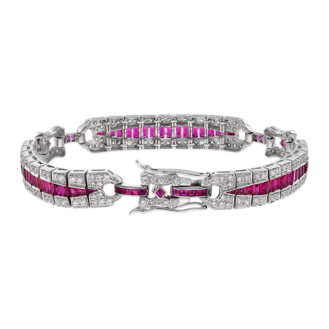 French Cut Ruby and Diamond Bracelet Back french cut ruby and diamond bracelet 14k gold back close