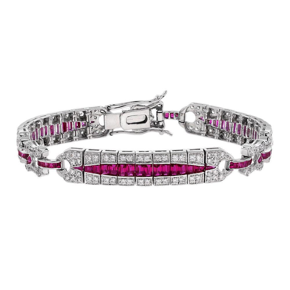 Home 19 French Cut Ruby Diamond Bracelet Art Deco Style in Solid Gold by Lilly M. JEWELERS