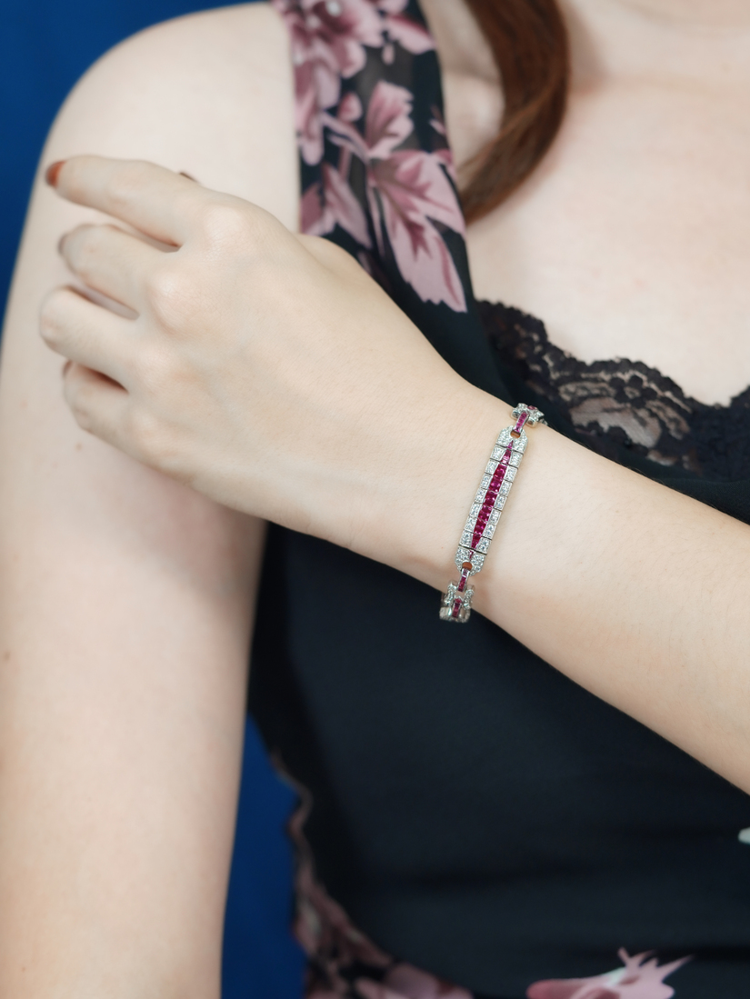 French Cut Ruby and Diamond Bracelet On Body Distant french cut ruby and diamond bracelet 14k gold on body distant