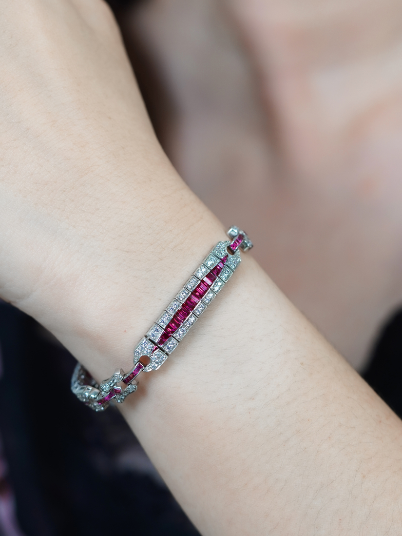 French Cut Ruby and Diamond Bracelet On Body Near french cut ruby and diamond bracelet 14k gold on body near