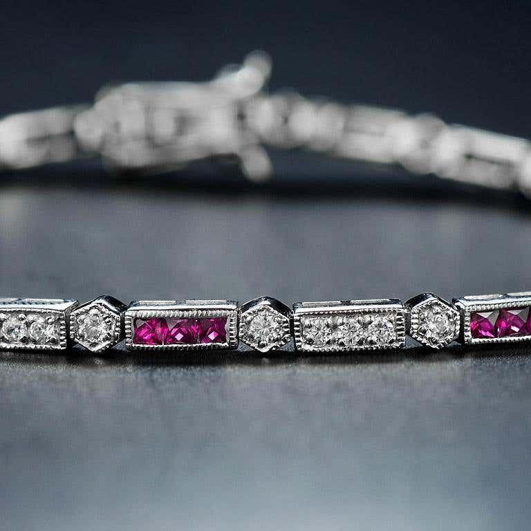 Ruby and Diamond Bracelet Front Near french cut ruby diamond bracelet 14k solid gold near