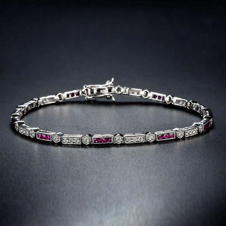 Ruby and Diamond Bracelet Front french cut ruby diamond bracelet 14k solid gold