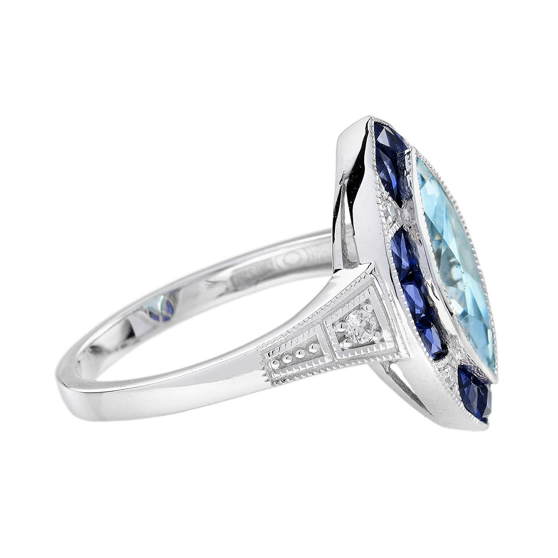 marquise-aquamarine-and-sapphire-engagement-ring-14k-gold-side Marquise Aquamarine Sapphire and Diamond Engagement Ring Side