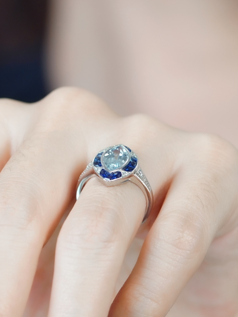 marquise-aquamarine-and-sapphire-engagement-ring-on-body-side-near Marquise Aquamarine Sapphire and Diamond Engagement Ring on Body Side Near