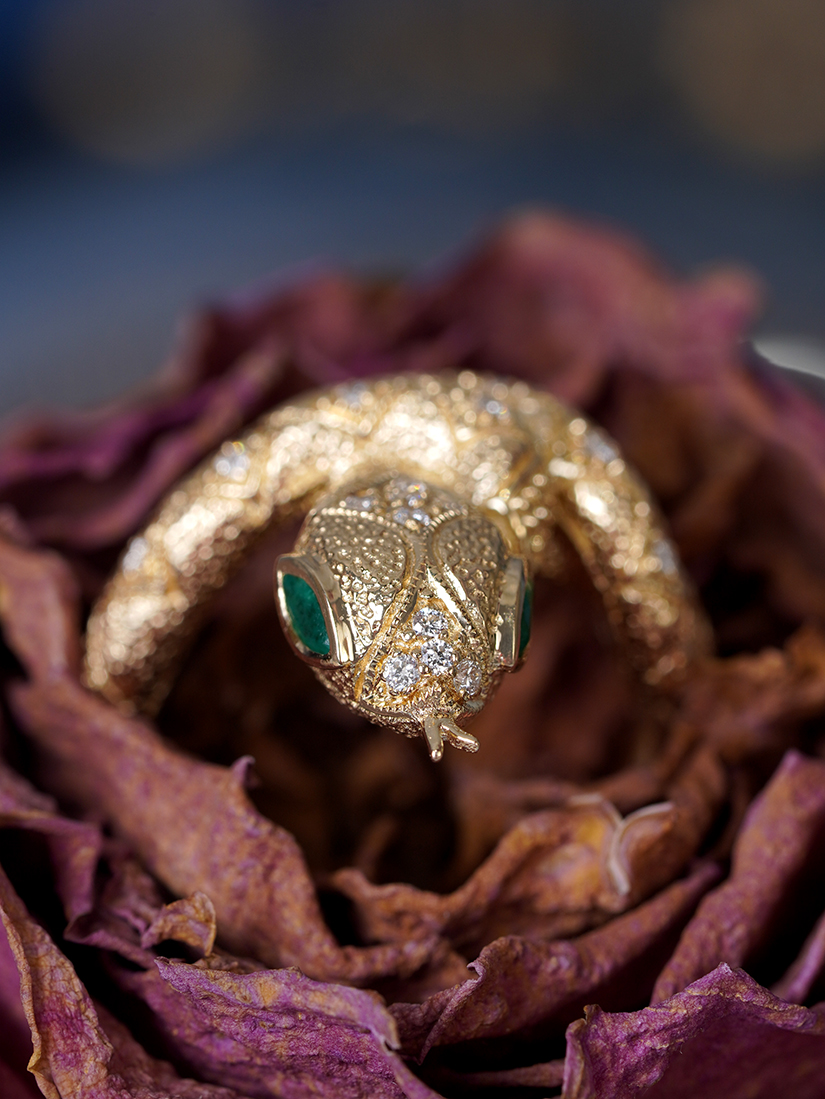 Marquise Emerald and Diamond Snake Statement Ring in Solid Gold by Lilly M. JEWELERS Front Face