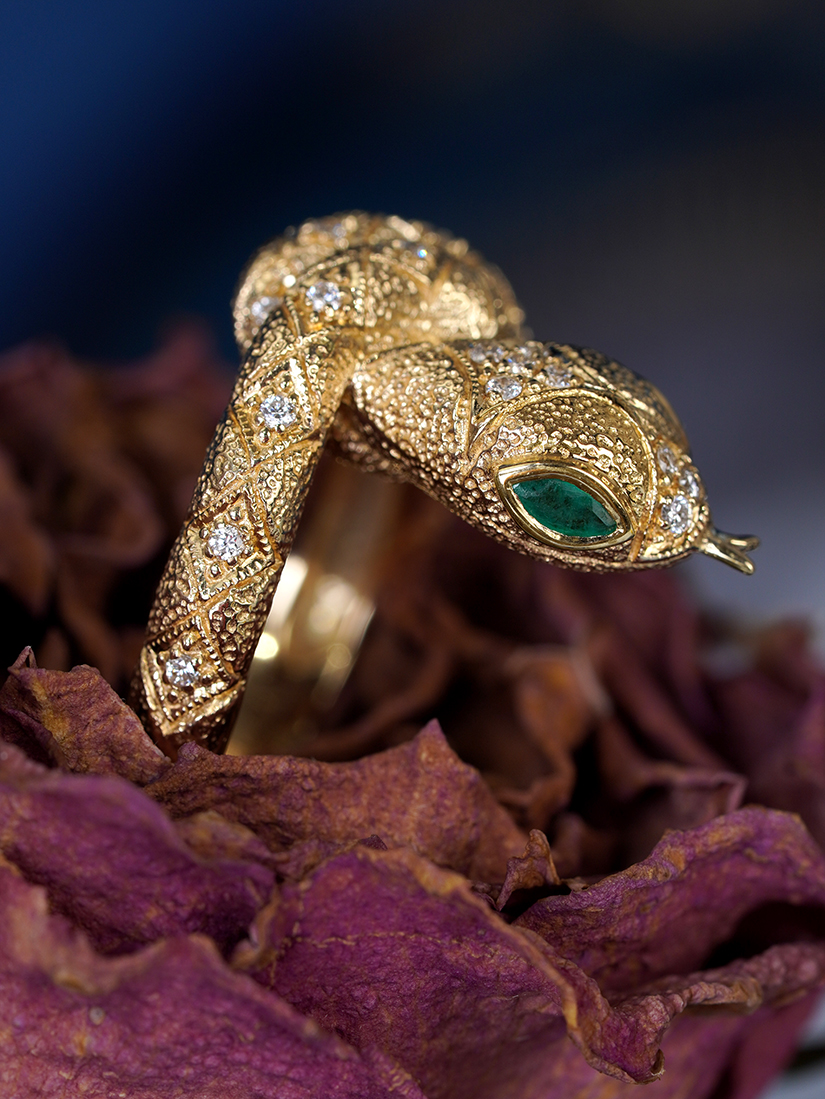 Marquise Emerald and Diamond Snake Statement Ring in Solid Gold by Lilly M. JEWELERS Beauty Side Face