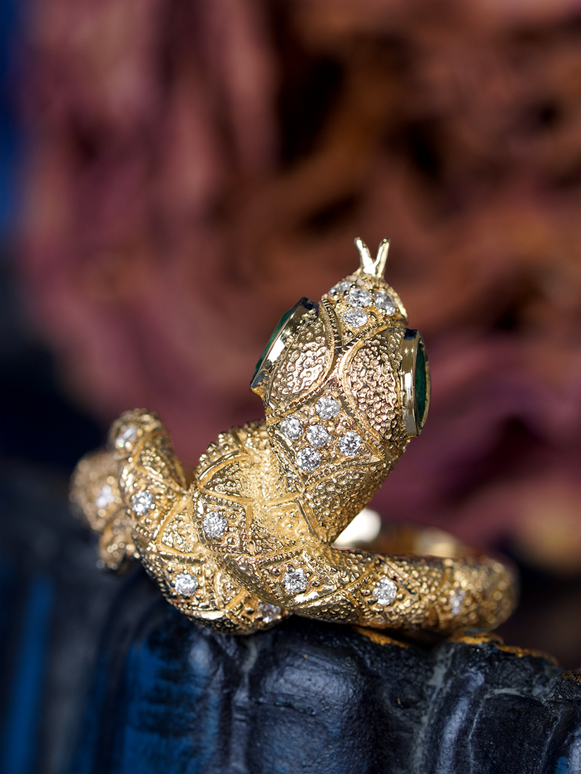 Marquise Emerald and Diamond Snake Statement Ring in Solid Gold by Lilly M. JEWELERS Beauty Top