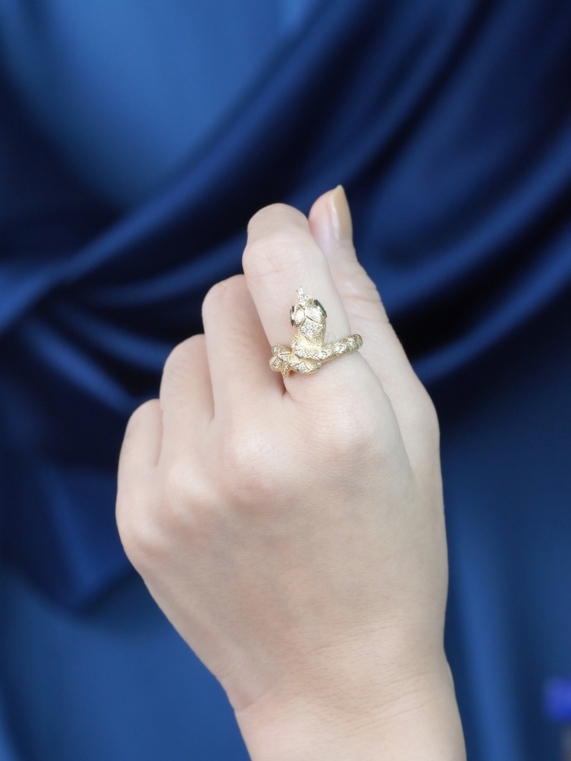 Marquise Emerald and Diamond Snake Statement Ring in Solid Gold by Lilly M. JEWELERS on Body Front Distant