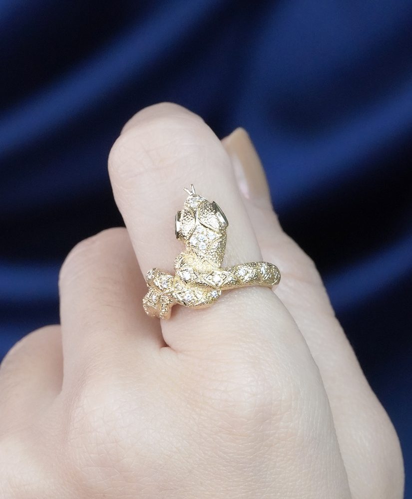 Marquise Emerald and Diamond Snake Statement Ring in Solid Gold by Lilly M. JEWELERS on Body Front Near