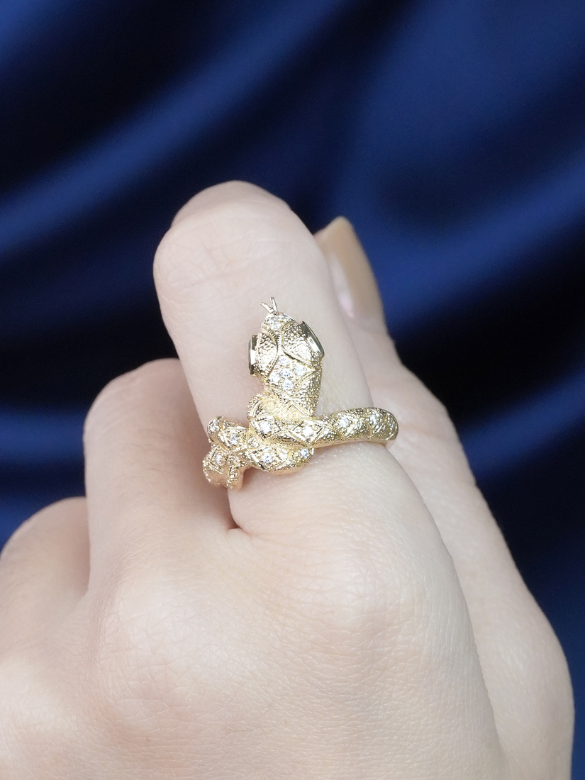 Marquise Emerald and Diamond Snake Statement Ring in Solid Gold by Lilly M. JEWELERS on Body Front Near