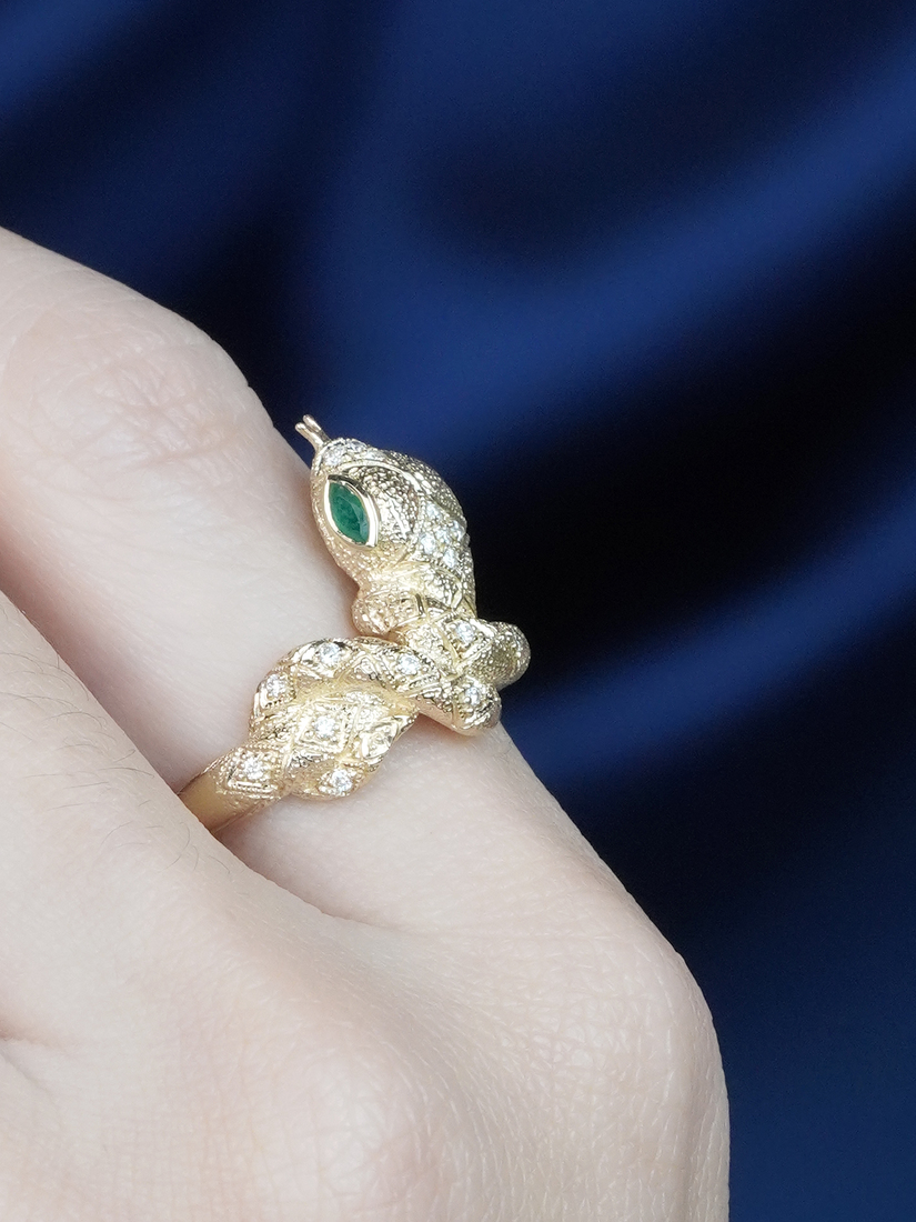 Marquise Emerald and Diamond Snake Statement Ring in Solid Gold by Lilly M. JEWELERS on Body Side Near