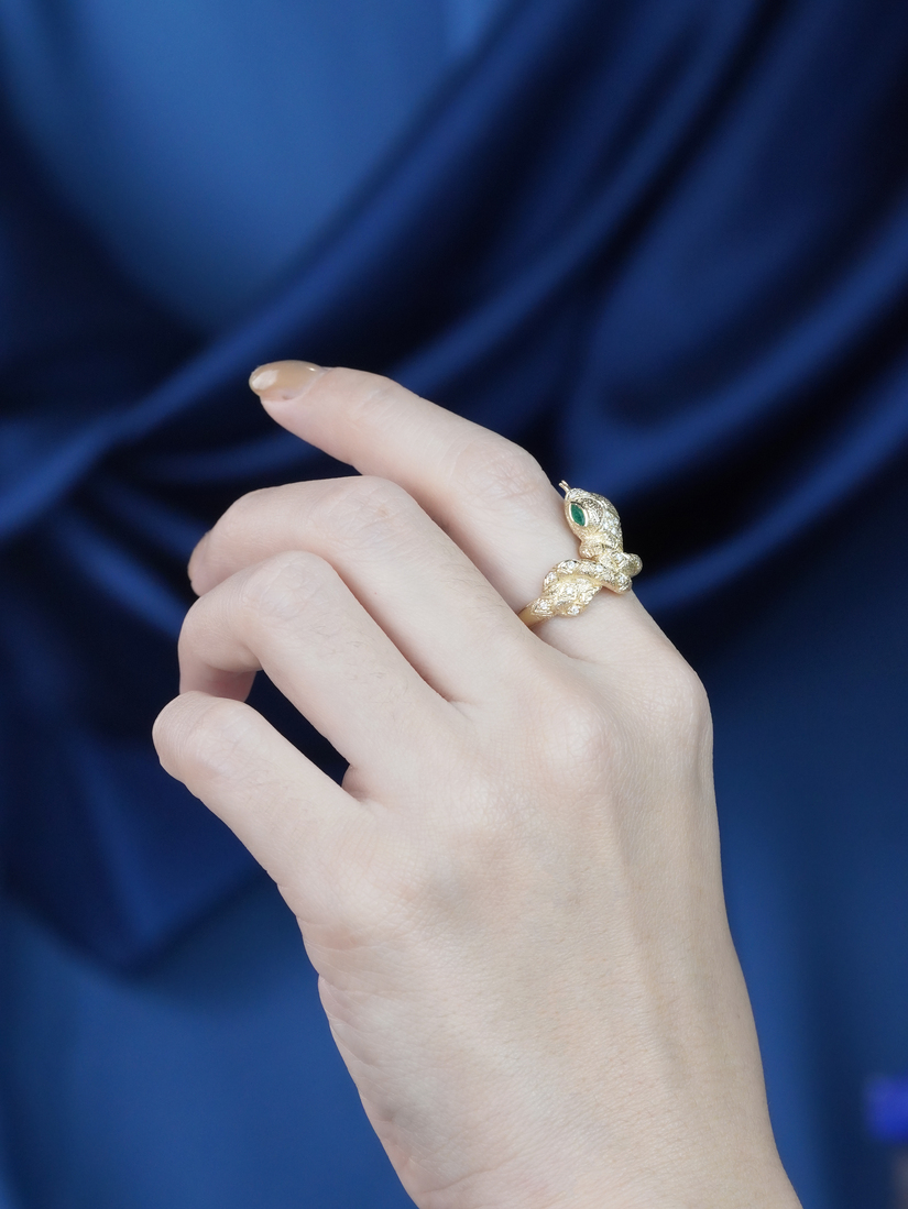 Marquise Emerald and Diamond Snake Statement Ring in Solid Gold by Lilly M. JEWELERS on Body Side Distant