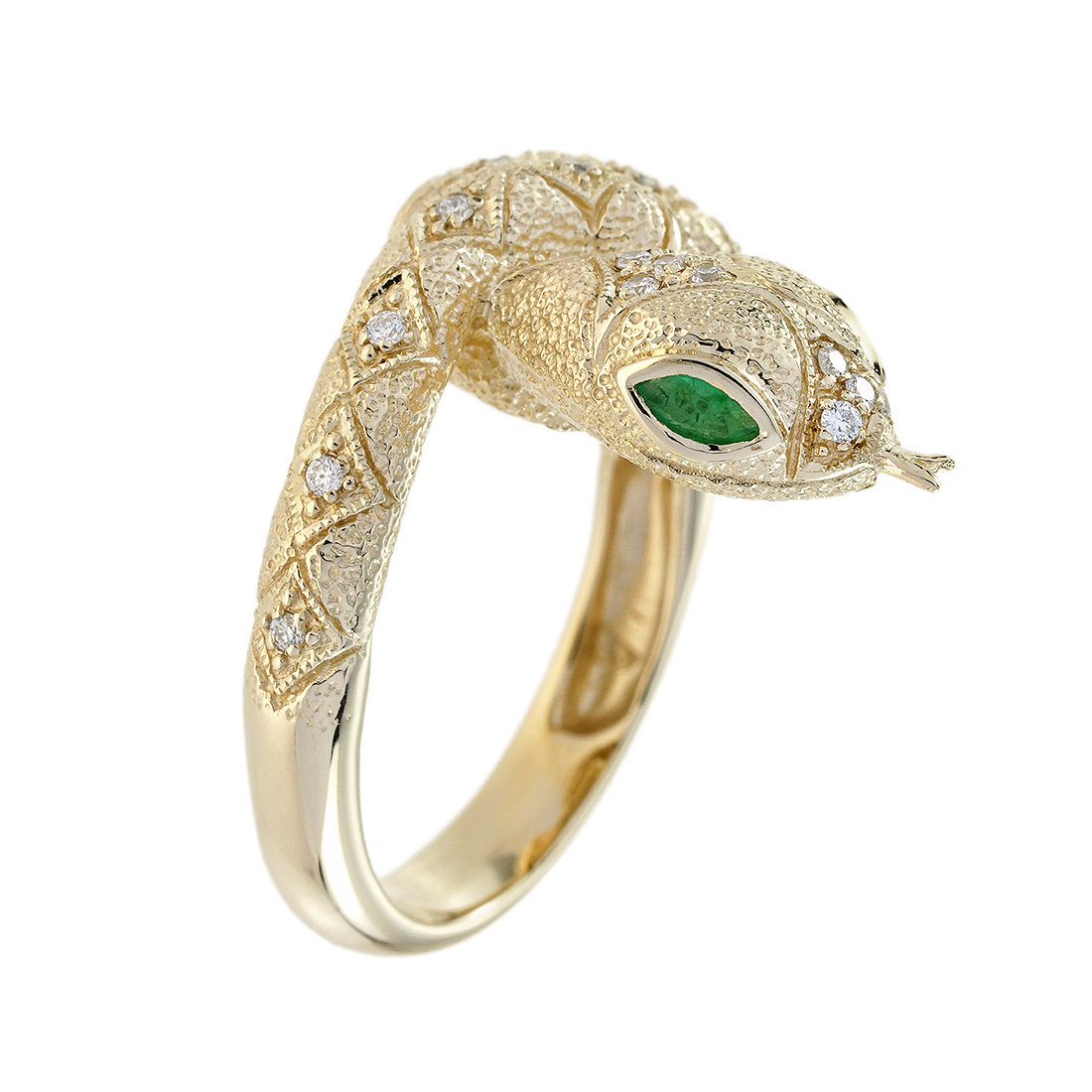 Marquise Emerald and Diamond Snake Statement Ring in Solid Gold by Lilly M. JEWELERS Side Face