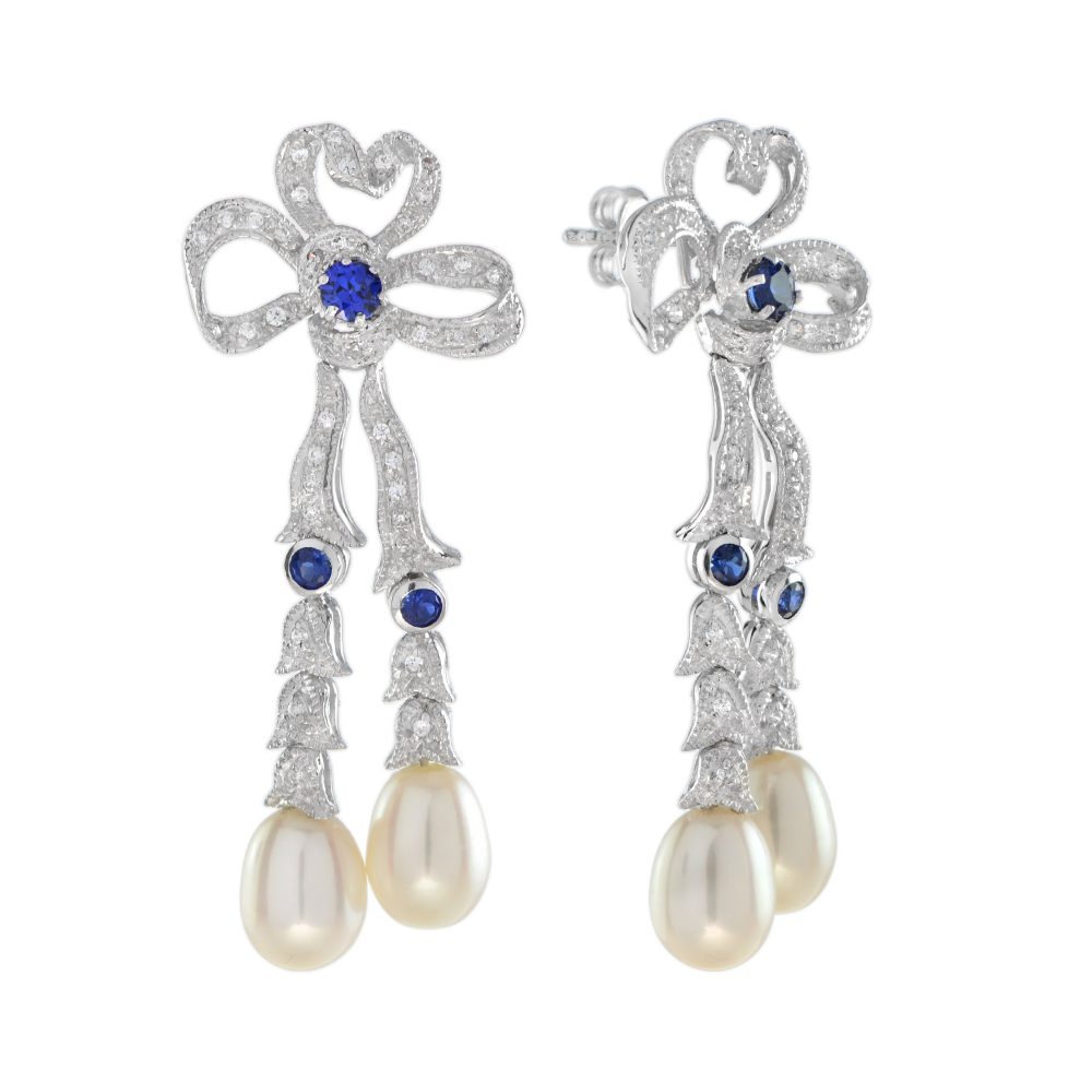 Edwardian Style Pearl Drop Earrings in Solid Gold by Lilly M. JEWELERS