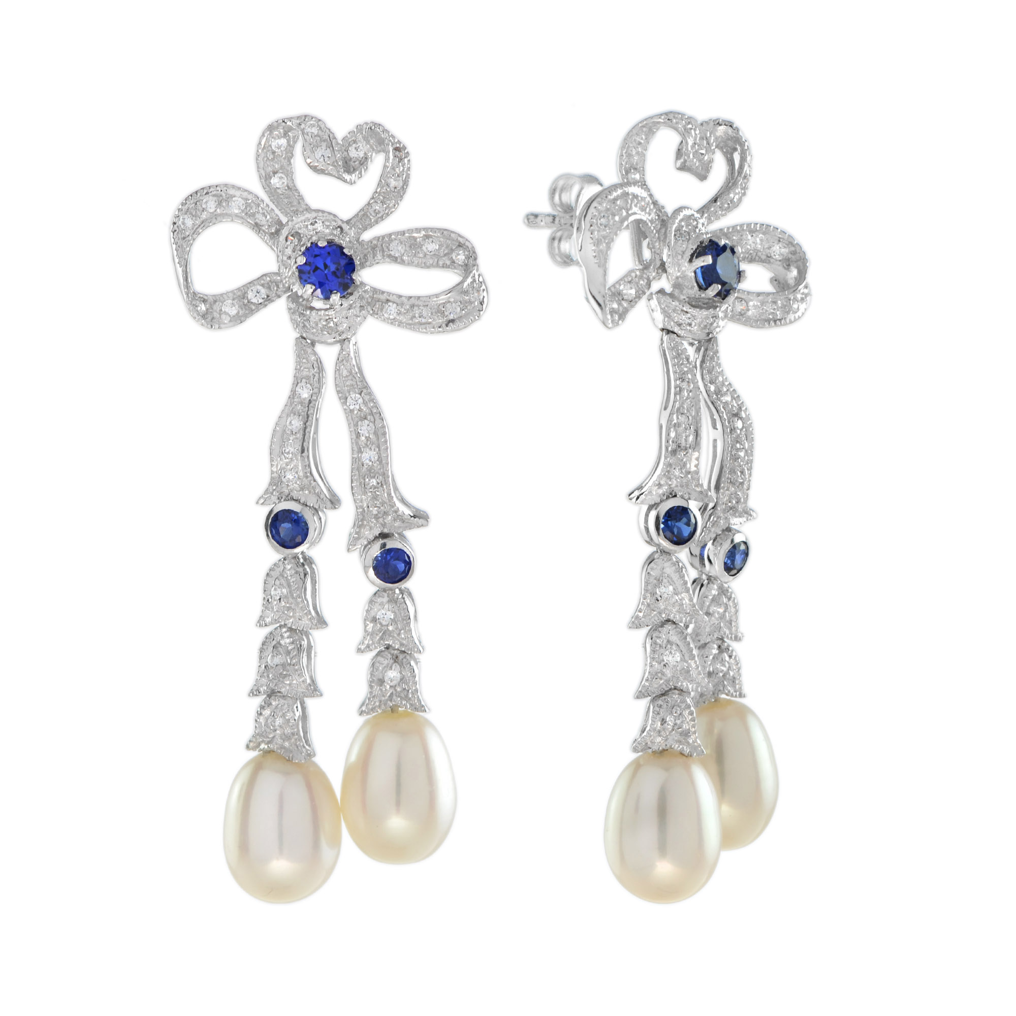 Pearl Sapphire and Diamond Drop Earrings Edwardian Style Pearl Drop Earrings in Solid Gold by Lilly M. JEWELERS