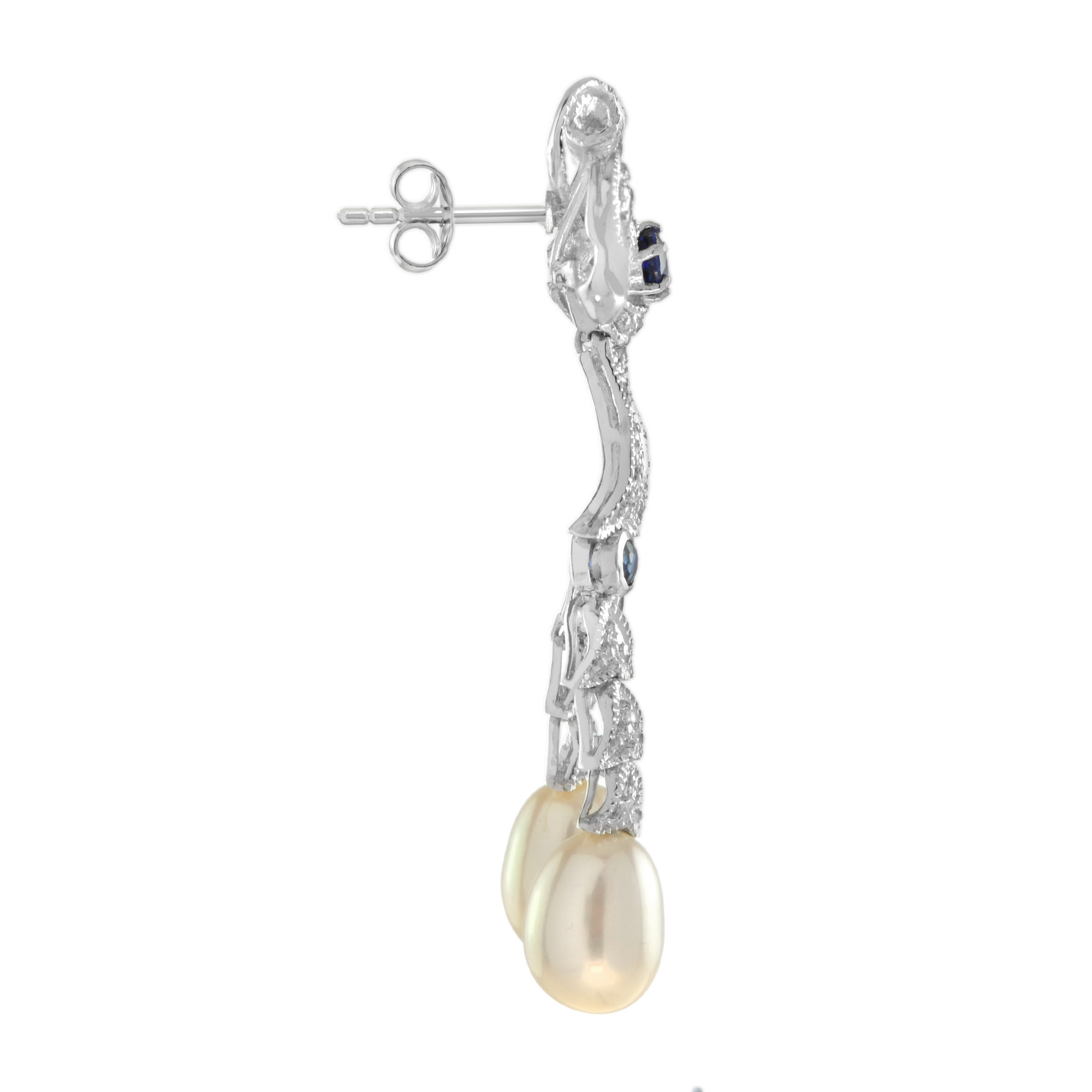 pearl-drop-earrings-14k-gold-side Pearl Sapphire and Diamond Drop Earrings Side