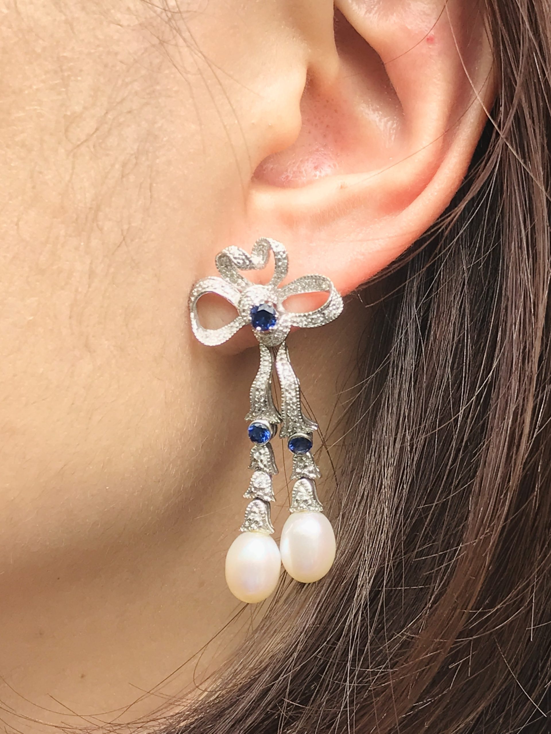 pearl-drop-earrings-on-body-near-front Pearl Sapphire and Diamond Drop Earrings Edwardian Style On Body