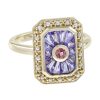 Art Deco Style Pink Tour Maline Ring with Tanzanite and Pearl in Solid Gold Angled View Art Deco Style Pink Tour Maline Ring with Tanzanite and Pearl in Solid Gold by Lilly M. JEWELERS Angled View