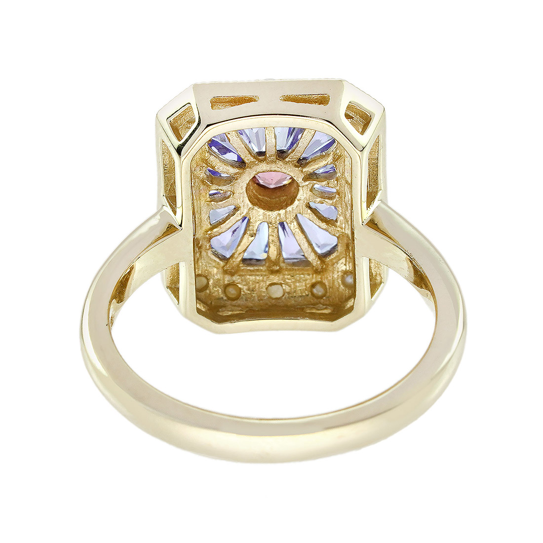 Art Deco Style Pink Tour Maline Ring with Tanzanite and Pearl in Solid Gold by Lilly M. JEWELERS Back