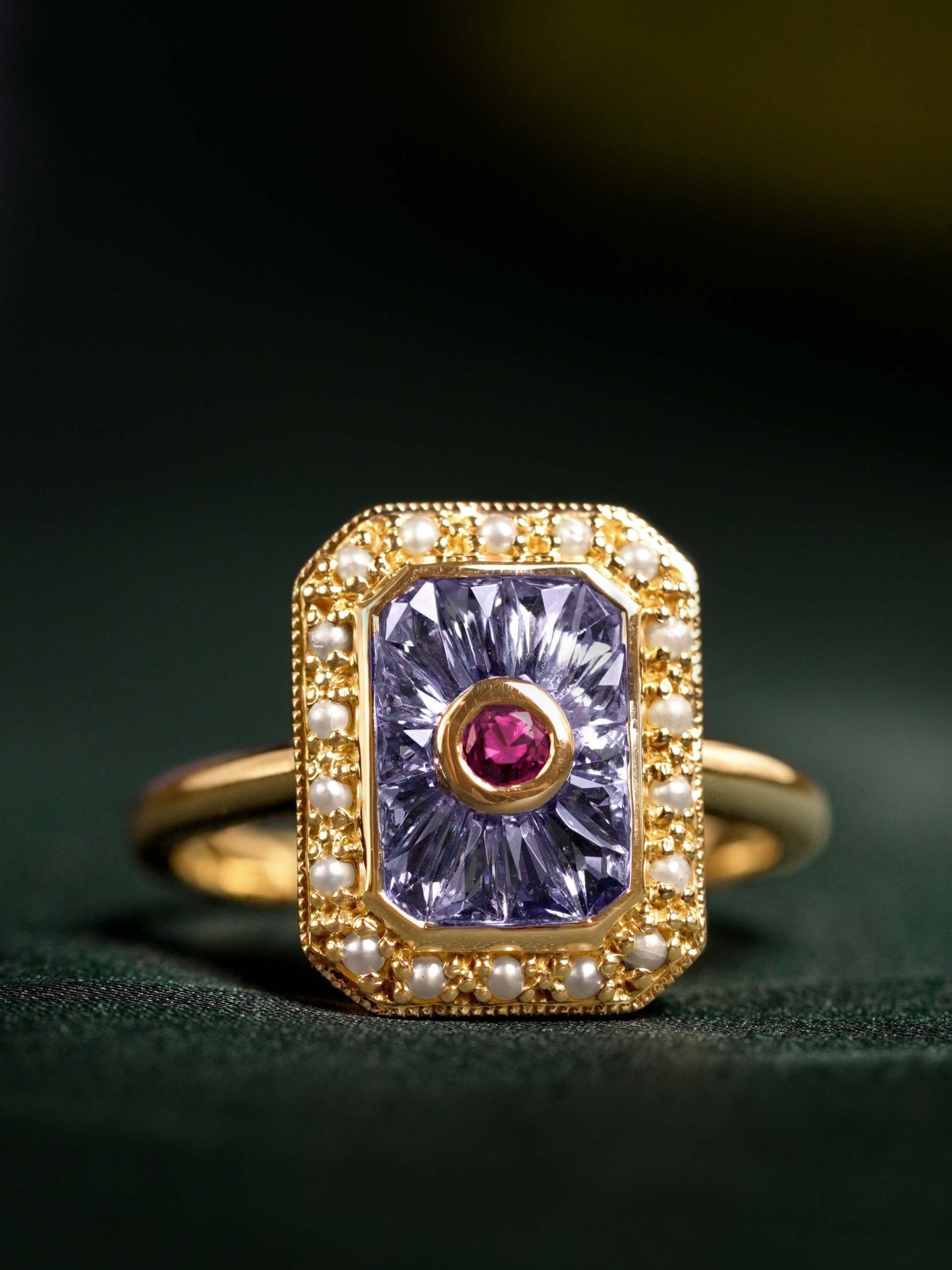 Art Deco Style Pink Tour Maline Ring with Tanzanite and Pearl in Solid Gold by Lilly M. JEWELERS Beauty