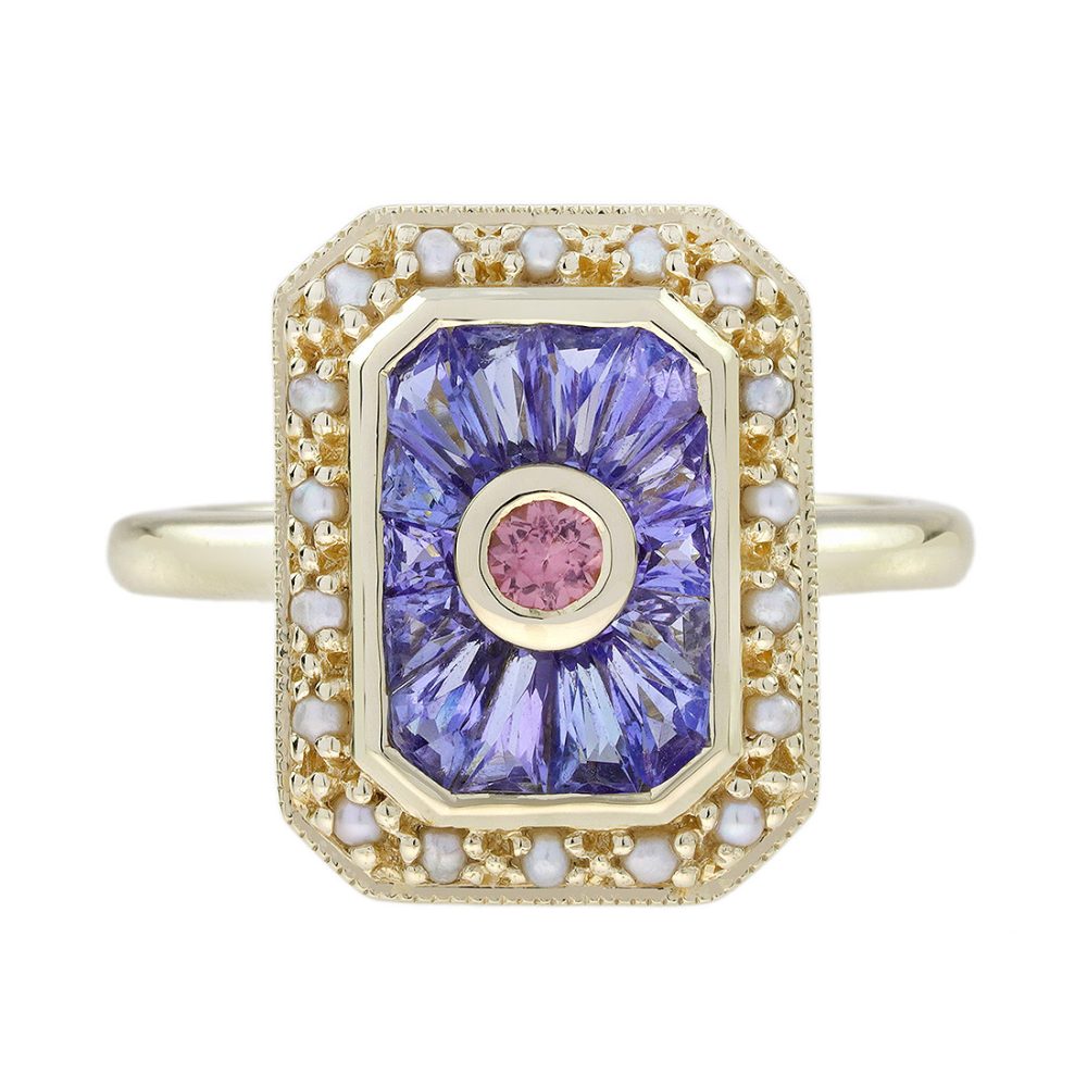 Art Deco Style Pink Tour Maline Ring with Tanzanite and Pearl in Solid Gold by Lilly M. JEWELERS