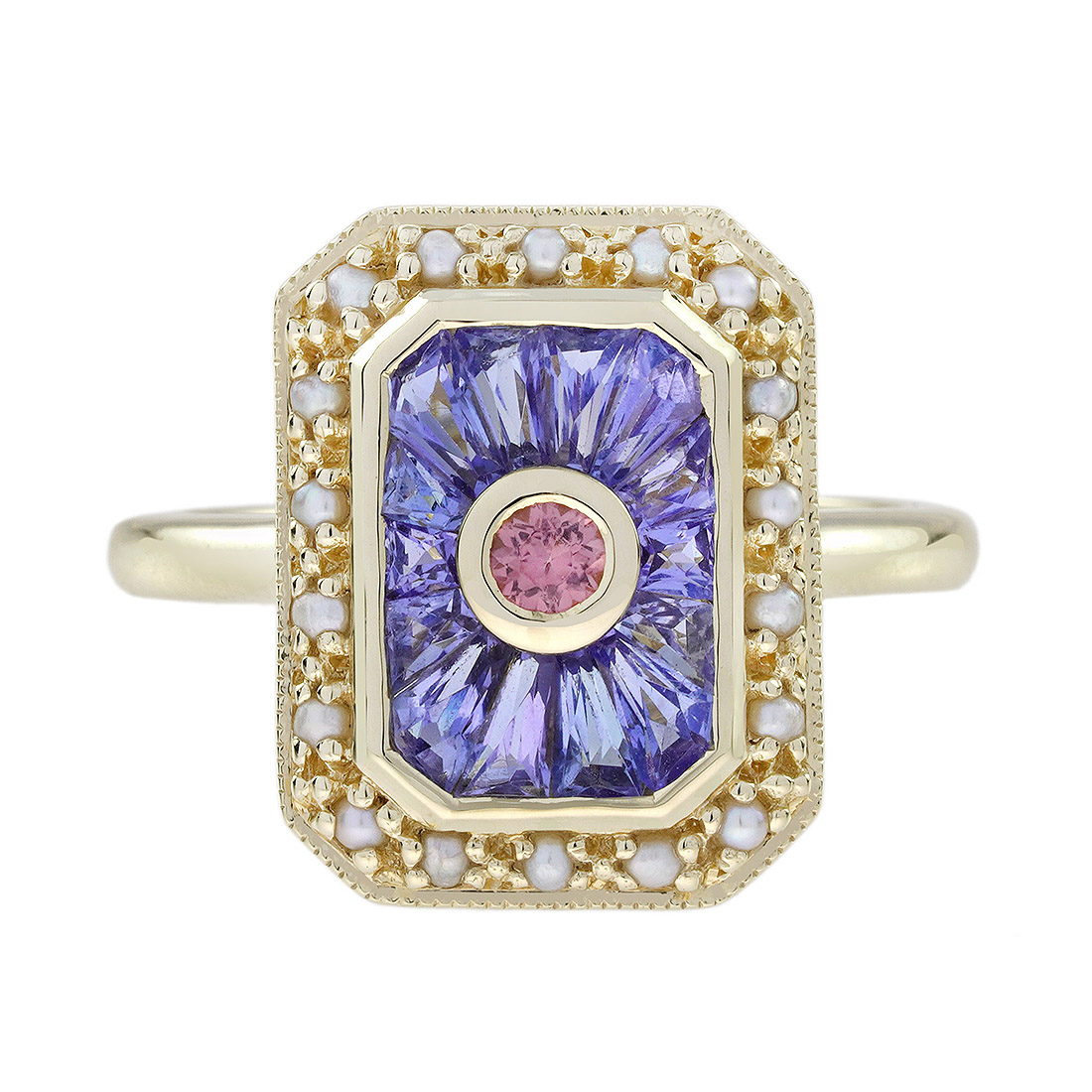 Art Deco Style Pink Tour Maline Ring with Tanzanite and Pearl in Solid Gold by Lilly M. JEWELERS