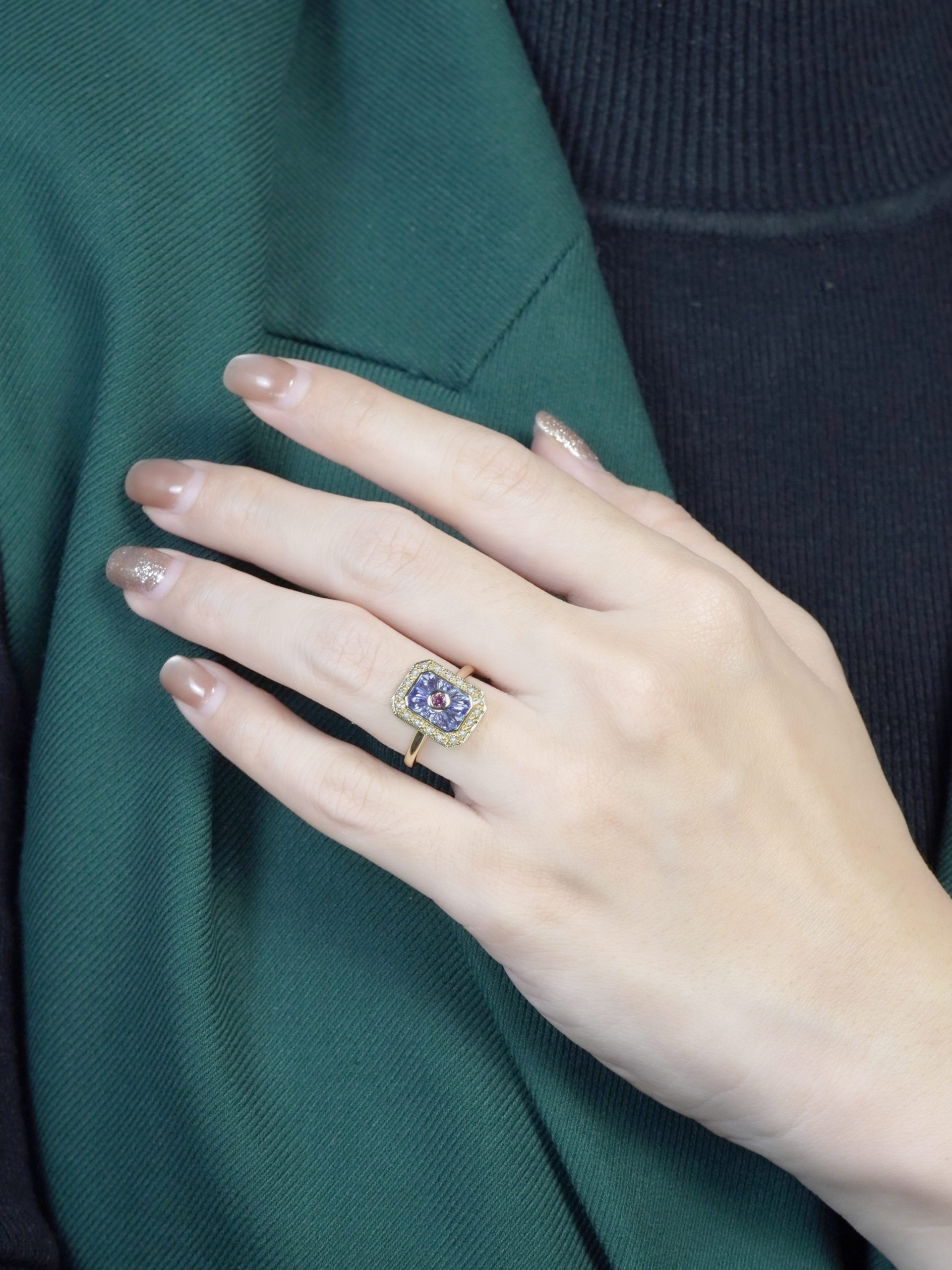 Art Deco Style Pink Tour Maline Ring with Tanzanite and Pearl in Solid Gold by Lilly M. JEWELERS on Body Distant