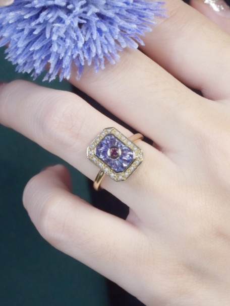 Art Deco Style Pink Tour Maline Ring with Tanzanite and Pearl in Solid Gold by Lilly M. JEWELERS on Body Front Near