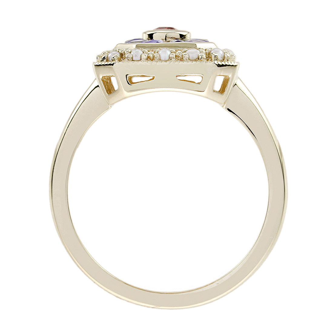 Art Deco Style Pink Tour Maline Ring with Tanzanite and Pearl in Solid Gold by Lilly M. JEWELERS Under Gallery