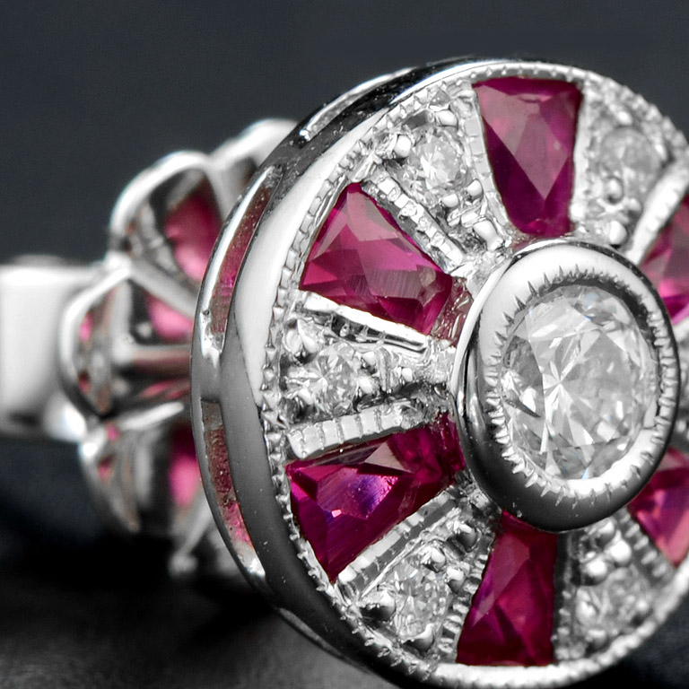 Round Diamond and Ruby Stud Earrings Detail round diamond ruby stud earrings 14k gold detail