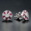 Round Diamond and Ruby Stud Earrings Front and Side round diamond ruby stud earrings 14k gold front and side