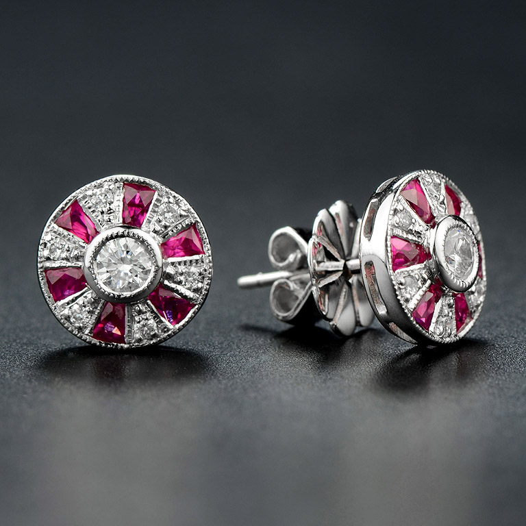 Round Diamond and Ruby Stud Earrings Front and Side round diamond ruby stud earrings 14k gold front and side