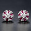 Round Diamond and Ruby Stud Earrings Double Front round diamond ruby stud earrings 14k gold front b