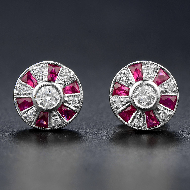 Round Diamond and Ruby Stud Earrings Double Front round diamond ruby stud earrings 14k gold front b