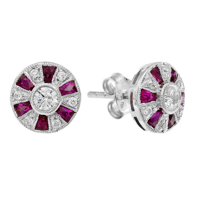 Home 13 Round Diamond Ruby Stud Earrings Art Deco Style in Solid Gold by Lilly M. JEWELERS
